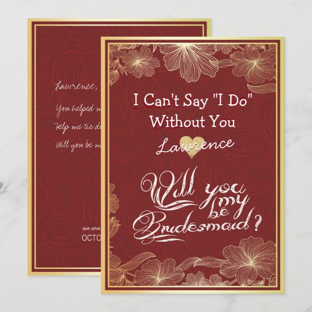 Werden Sie meine Bridesmaid Elegant Red Gold Flora Einladung (Vorne/Hinten)