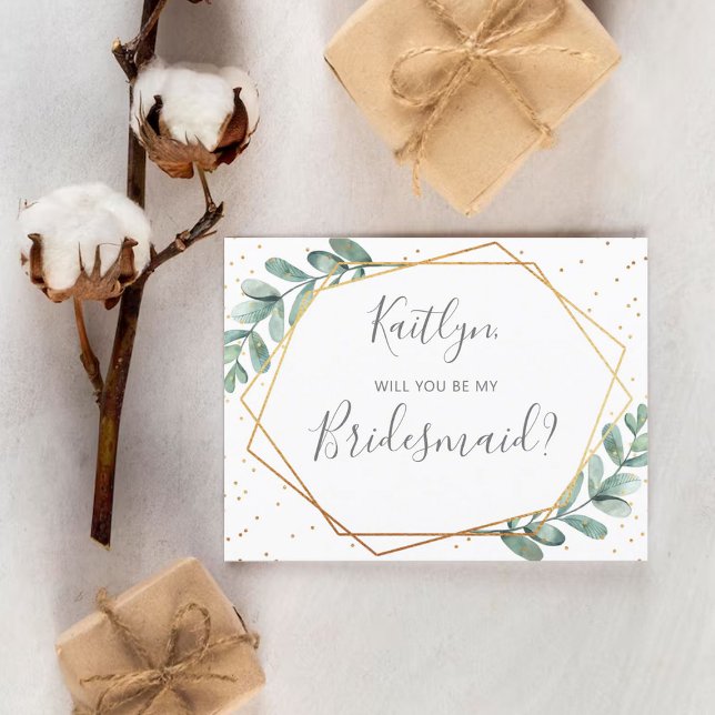 Werden Sie meine Bridesmaid Eukalyptus Geometric s Einladungspostkarte (Von Creator hochgeladen)