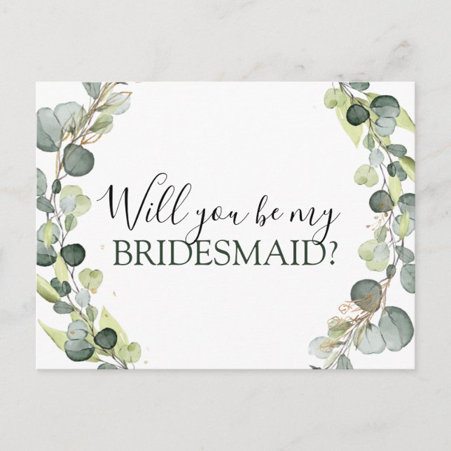 Werden Sie meine Bridesmaid Eukalyptus Greenery? Ankündigungspostkarte (Vorderseite)