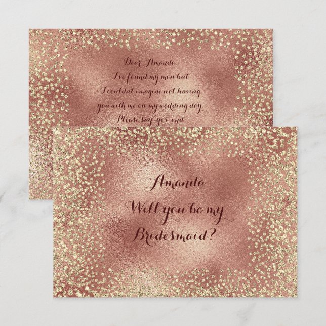 Werden Sie meine Bridesmaid Kupfer RoseGold Confet Einladung (Vorne/Hinten)