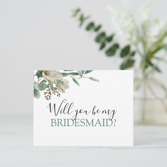 Werden Sie meine Bridesmaid Magnolia Eukalyptus? Ankündigungspostkarte (Stehend Vorderseite)