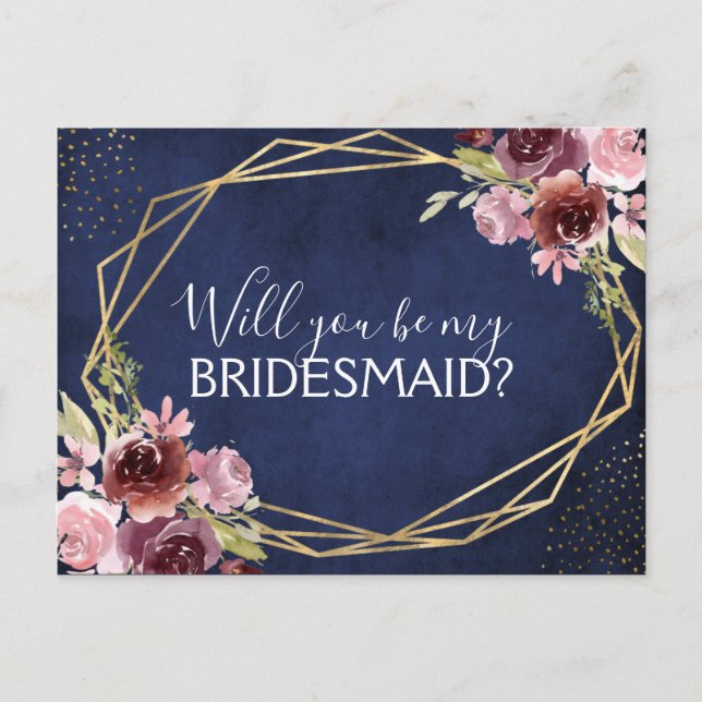 Werden Sie meine Bridesmaid Navy Blauer Flora Ankündigungspostkarte (Vorderseite)