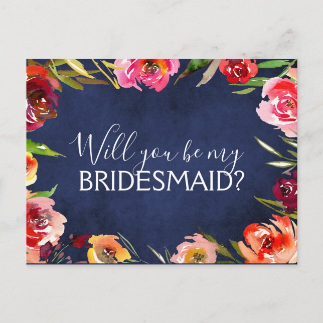 Werden Sie meine Bridesmaid Navy Blauer Flora Ankündigungspostkarte (Vorderseite)