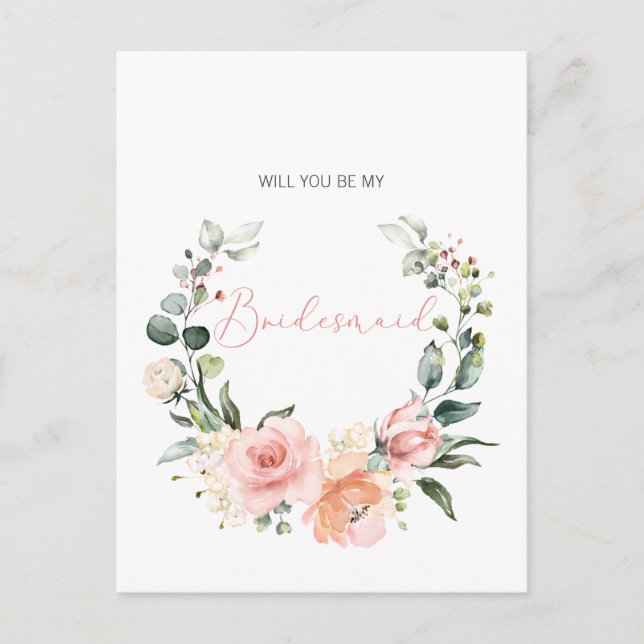 Werden Sie meine Bridesmaid Pink Script floral Einladungspostkarte (Vorderseite)