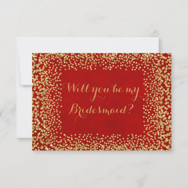 Werden Sie meine Bridesmaid Red Gold Confetti sein Einladung (Vorderseite)