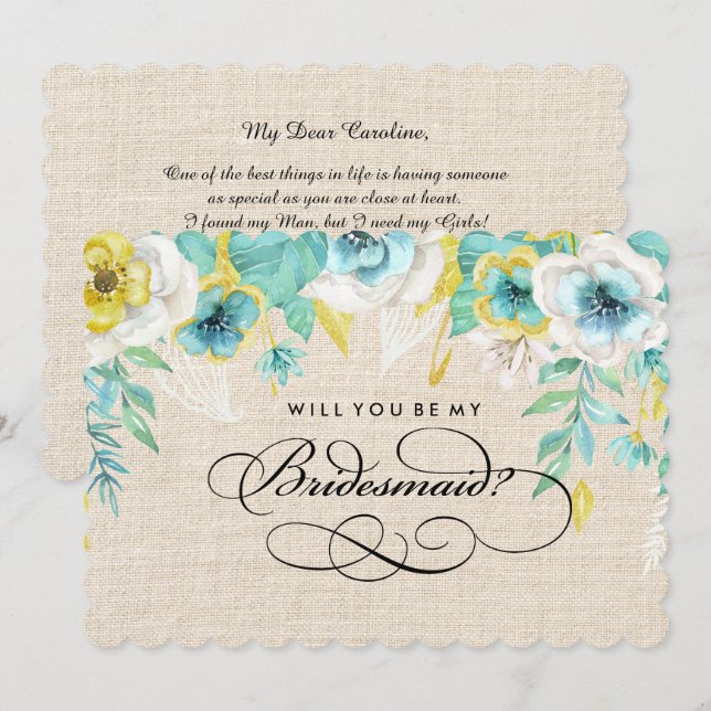 Werden Sie meine Bridesmaid sein? Aquarellblume Einladung (Vorne/Hinten)