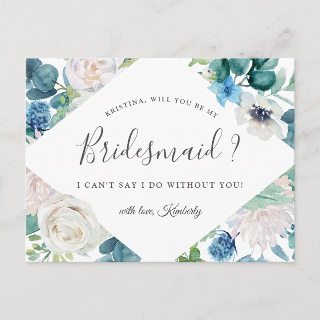Werden Sie meine Bridesmaid sein, die Grün blaue B Einladungspostkarte (Vorderseite)