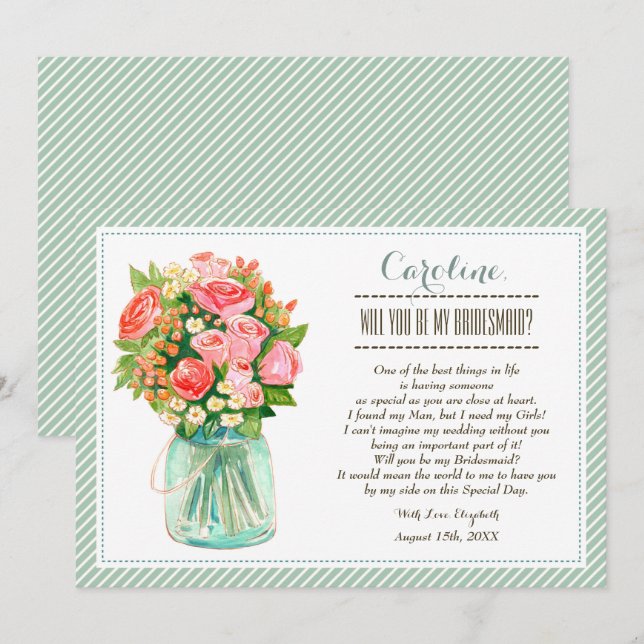 Werden Sie meine Bridesmaid sein? Mason Jar Floral Einladung (Vorne/Hinten)