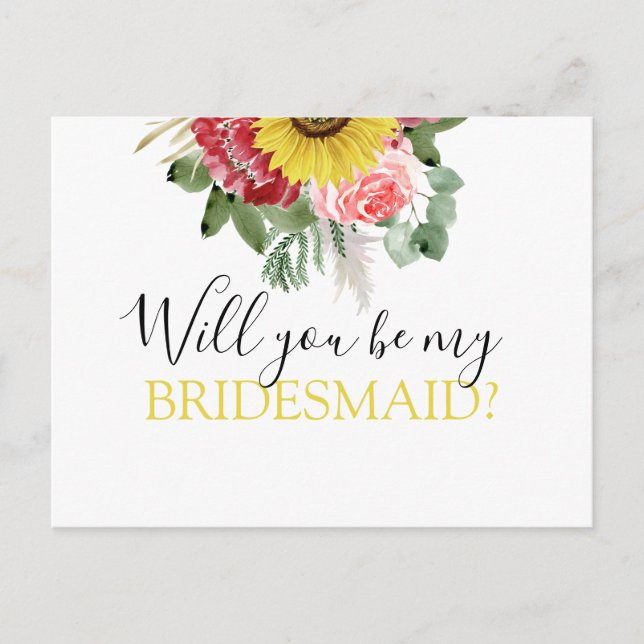 Werden Sie meine Bridesmaid-Sonnenblume Eukalyptus Ankündigungspostkarte (Vorderseite)