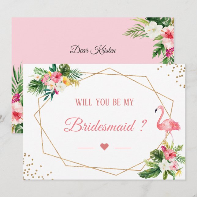Werden Sie meine Bridesmaid Tropical Flamingo Flor Einladung (Vorne/Hinten)