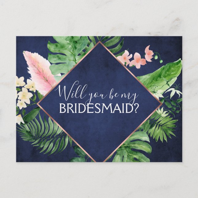 Werden Sie meine Bridesmaid Tropical Palm Navy Blu Ankündigungspostkarte (Vorderseite)