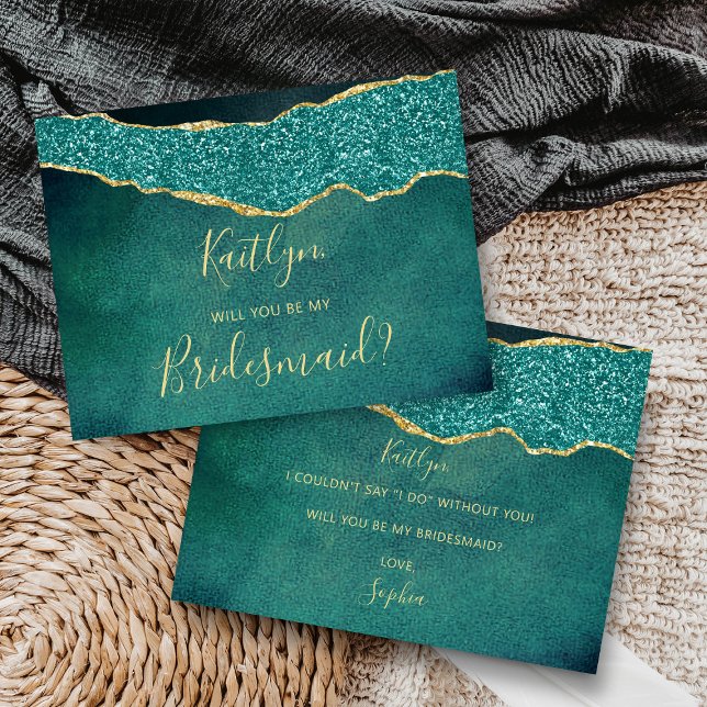 Werden Sie meine Bridesmaid Türkis & Gold Agate? Einladungspostkarte (Von Creator hochgeladen)