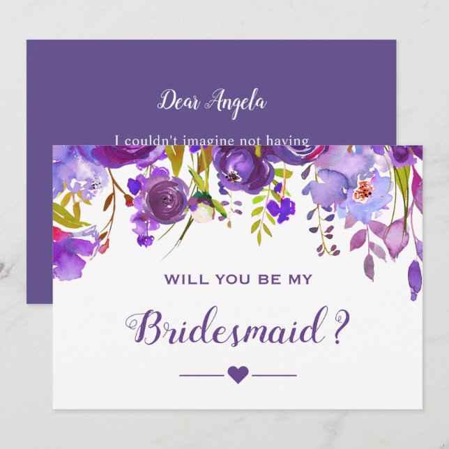 Werden Sie meine Bridesmaid-Violette Lila Blüte se Einladung (Vorne/Hinten)