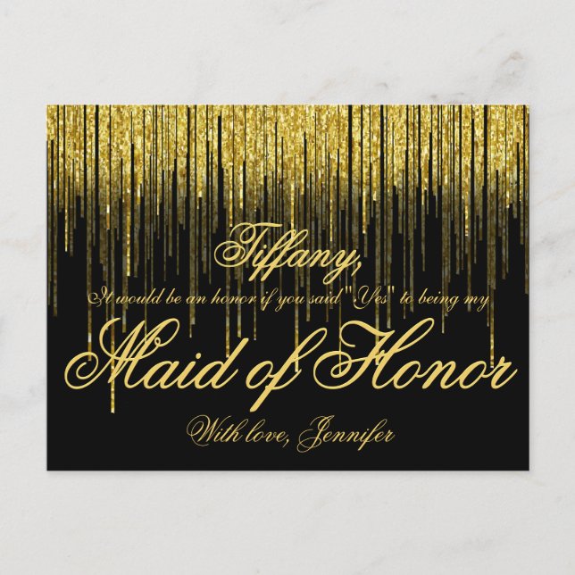 Werden Sie meine Trauzeugin sein? Golden Confetti Einladungspostkarte (Vorderseite)