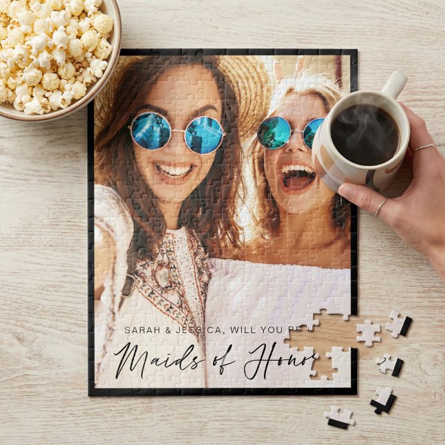 Werden Sie meine Trauzeuginnen sein? Trendy Script (Will You Be My Maids of Honor? Proposal Photo Jigsaw Puzzle)
