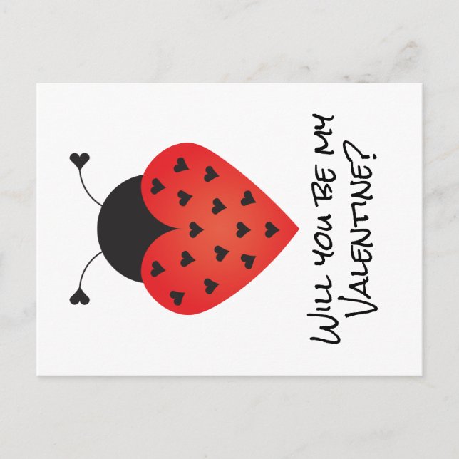 Werden Sie meine Valentinin Ladybug Herz rot schwa Postkarte (Vorderseite)