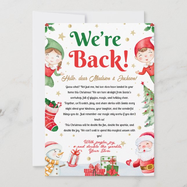 We're Back Elf Arrival Letter Elves Christmas Einladung (Vorderseite)