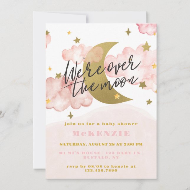 We're Over The Moon Girl Baby Shower Einladung (Vorderseite)