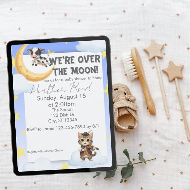 We're Over the Moon, nursery rhyme baby shower Einladung (Von Creator hochgeladen)