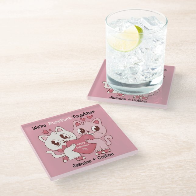 We're Purrfect Together Cute Valentine Pillow Glasuntersetzer (Schrägansicht)