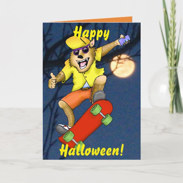 Werewolf-Skateboardfahrer-Halloween-Gruß-Karte Karte (Vorderseite)