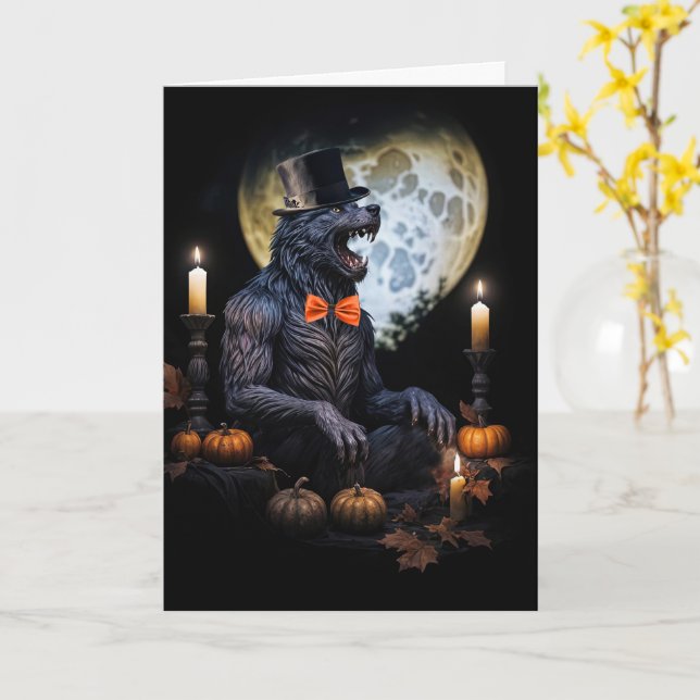 Werewolf und Moon Candles Pumpkins Beängstigend Ha Karte (Gelbe Blume)
