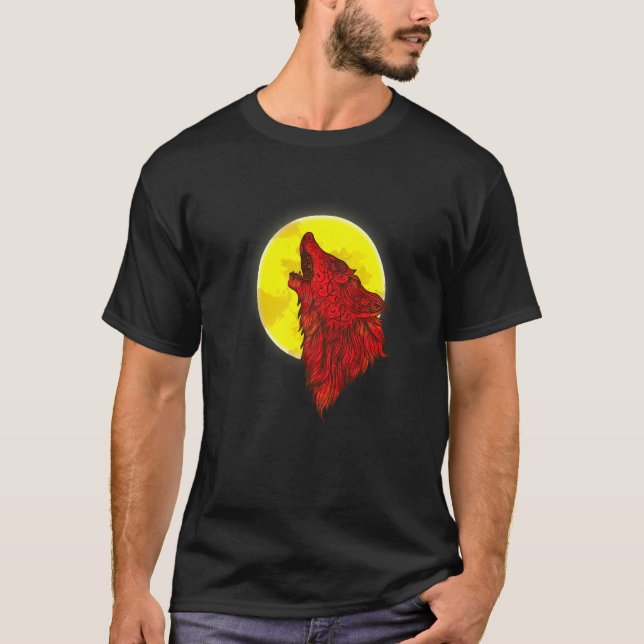 Werewolf Wildlife Red Angry Wolf unter Vollmond F T-Shirt (Vorderseite)