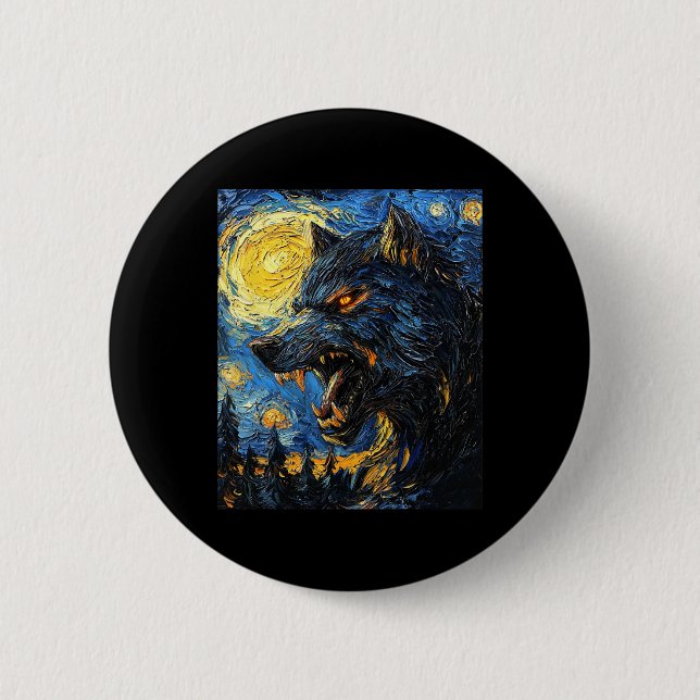 Werewolf Wolf Wolves - Van Gogh Style - Starry Nig Button (Vorderseite)