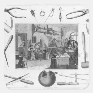 Werkstatt und wichtigste Schmuckwerkzeuge, 1810 Quadratischer Aufkleber