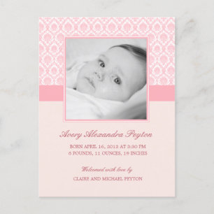 Wertvoll Damask Baby Girl Geburtsankündigung Ankündigungspostkarte