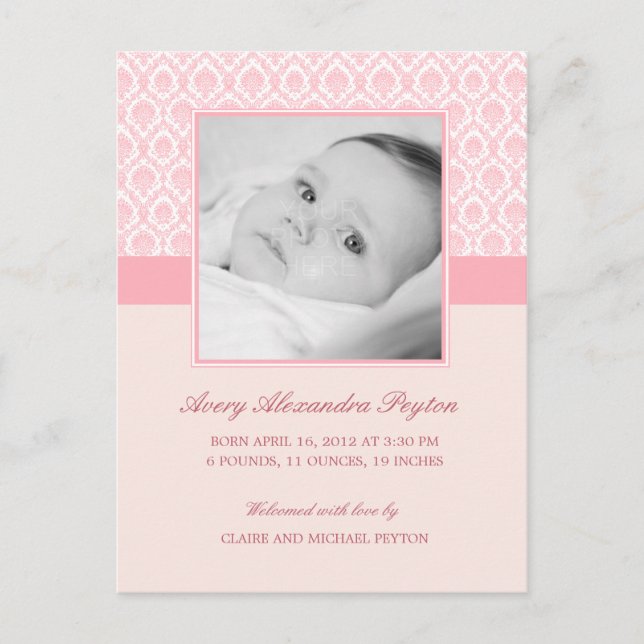 Wertvoll Damask Baby Girl Geburtsankündigung Ankündigungspostkarte (Vorderseite)