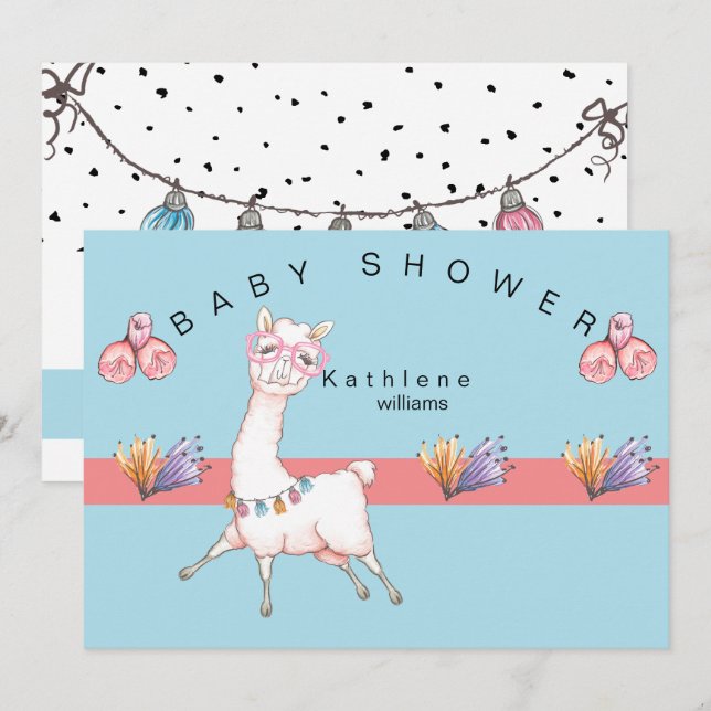Wertvoll Pink & Blue Llama Baby Dusche Einladung (Vorne/Hinten)