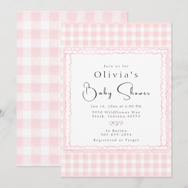 Wertvoll Pink Gingham Baby Dusche Einladung (Vorne/Hinten)