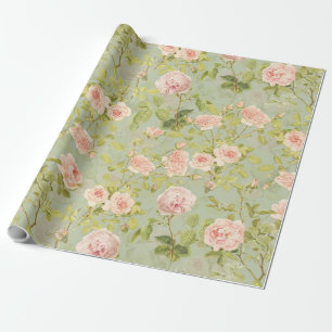 Wertvoll rosa Redouté Rose Muster Grün Geschenkpapier