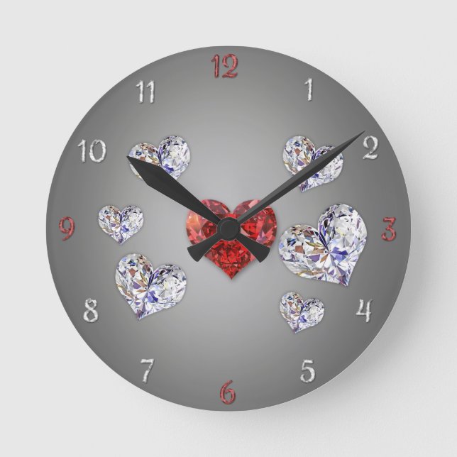Wertvolle Elegant Diamond Hearts Runde Wanduhr (Vorderseite)