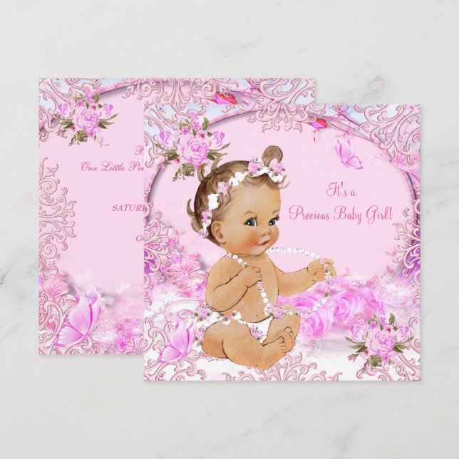 Wertvolle Girl Baby Dusche Rosa Bläserschmetterlin Einladung (Vorne/Hinten)