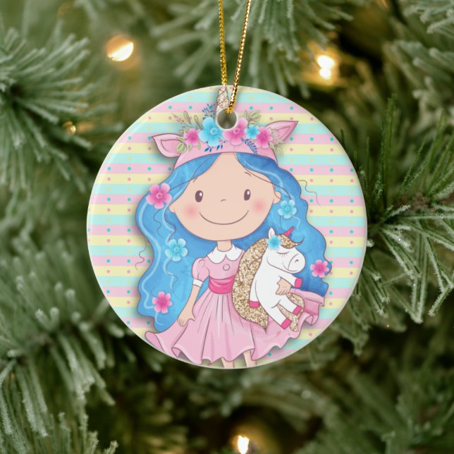 Wertvolle Girl-Süsse mit Einhorn Keramik Ornament (Baum)