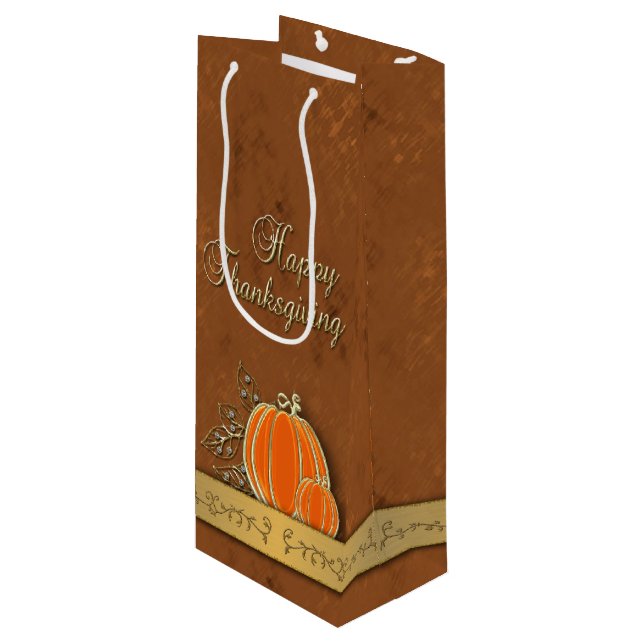 Wertvolle Gold Erntedank Pumpkin-Blätter Geschenktüte Für Weinflaschen (Vorderseite Schrägansicht)