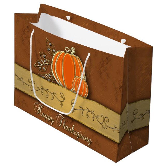 Wertvolle Gold Erntedank Pumpkin-Blätter Große Geschenktüte (Vorderseite Schrägansicht)