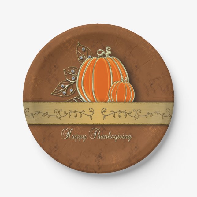 Wertvolle Gold Erntedank Pumpkin-Blätter Pappteller (Vorderseite)