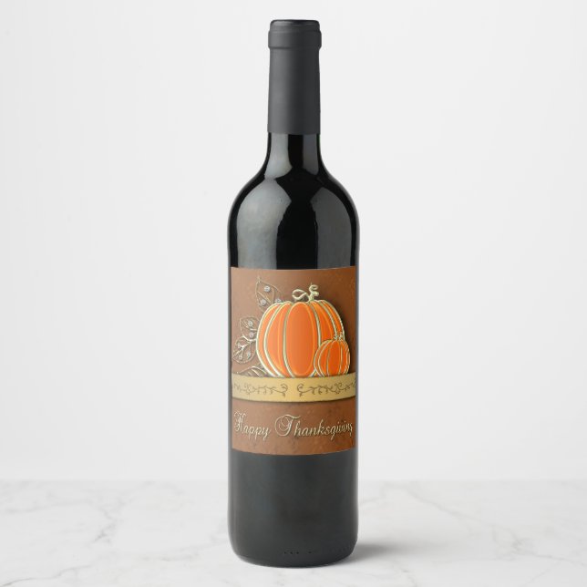 Wertvolle Gold Erntedank Pumpkin-Blätter Weinetikett (Vorderseite)