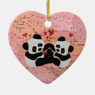 Wertvolle Panda-Herzen Keramik Ornament