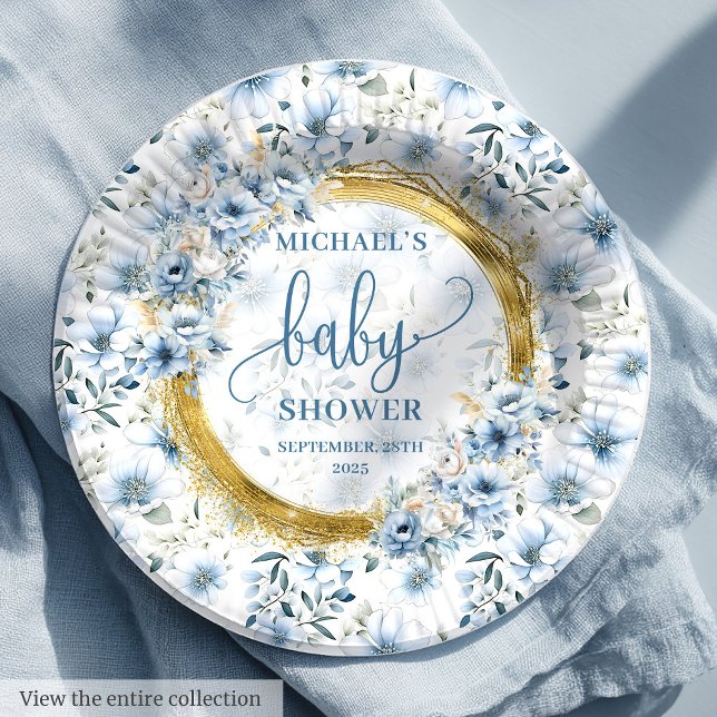 Wertvolle pastellblaue Blume Pappteller (Precious pastel blue watercolor flowers gold boy Paper Plates )