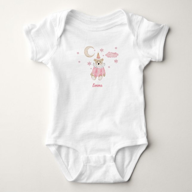 Wertvoller rosa Teddybär, Mond und Stars Baby Strampler (Vorderseite)