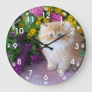 Wertvolles Kätzchen-Rosa-lila gelbe Blumen Große Wanduhr