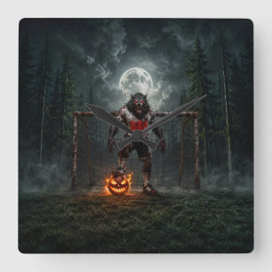 Werwolf-Fußballspieler-Halloween-Horror-Kunst Quadratische Wanduhr