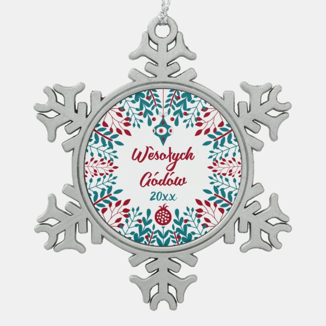 Wèsołych Gódów Kashubian Frohe Weihnachten Schneeflocken Zinn-Ornament (Vorderseite)