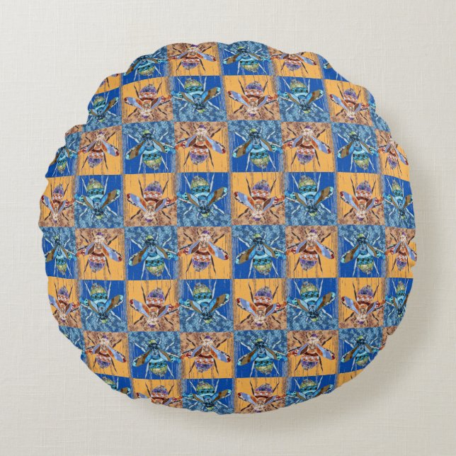 Wespen-Patchwork-Textilmuster Rundes Kissen (Vorderseite)