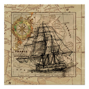 West Europe Vintage Karte mit Schiff und Kompass Poster