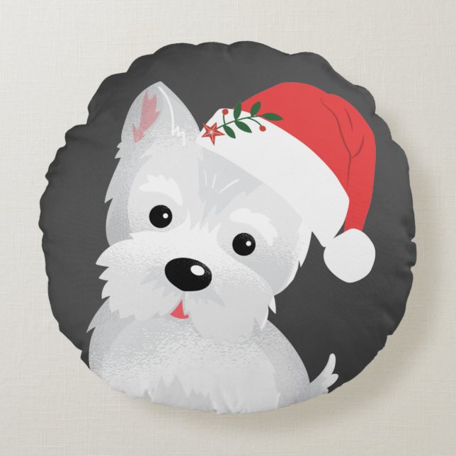 West Highland Dog Weihnachtsmannmütze Holly Berrie Rundes Kissen (Vorderseite)